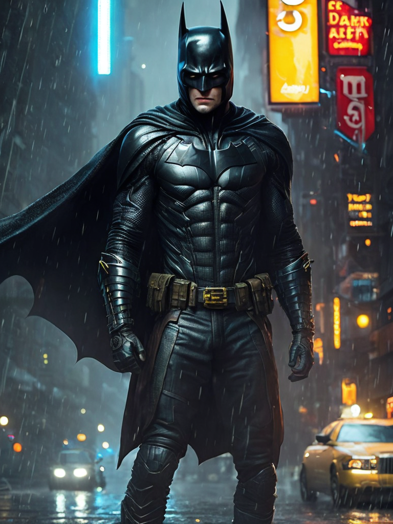 Batman in the setting of the movie Blade Runner walks in the rain