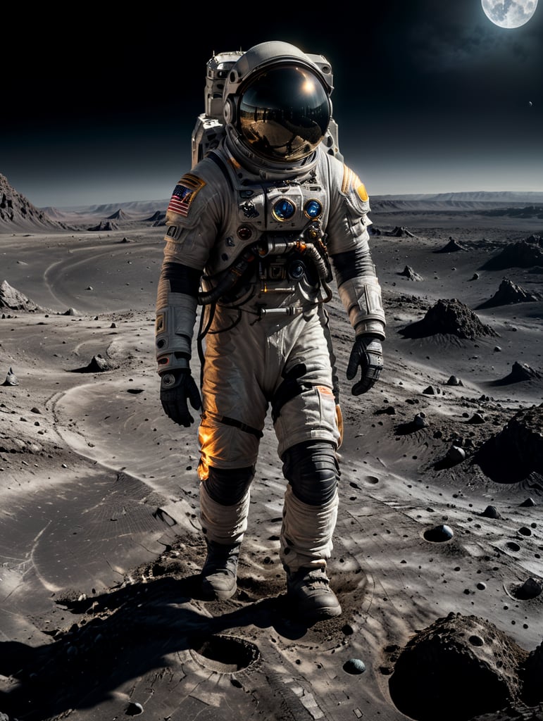 Astronaut walking on the surface of the moon with earth in the far distance