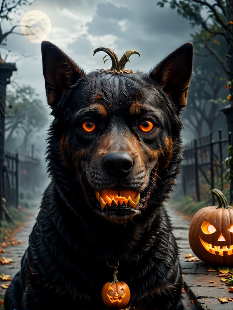 a black dog with Halloween pumpkin head, photorealistic illustration, scary, dark