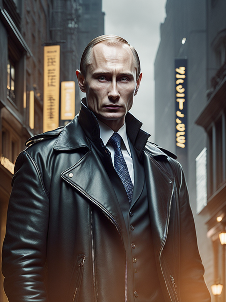 Vladimir Putin as model Balenciaga in a long black leather coat walking down the catwalk, high definition, photography, cinematic, detailed character portrait, detailed and intricate environment, detailed and intricate environment.