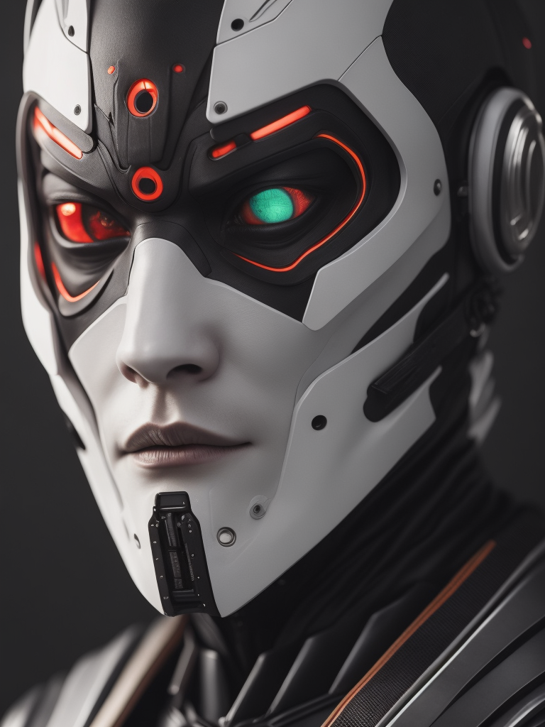 an android wear a mask that is white with red eyes, in the style of cyberpunk realism, concept art, mecha anime, matte photo, distinctive noses, realistic chiaroscuro, close-up
