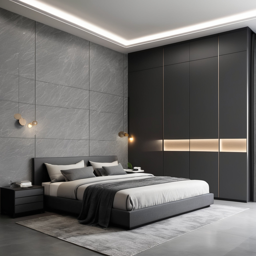 design minimal and outstanding look beroom which contain bed and on right side there is a wardrobe whith dark gray stone patten and light gray stone pattern and on the left there is a side box which is in ligh gray stone patern and beside box there is wall big size
