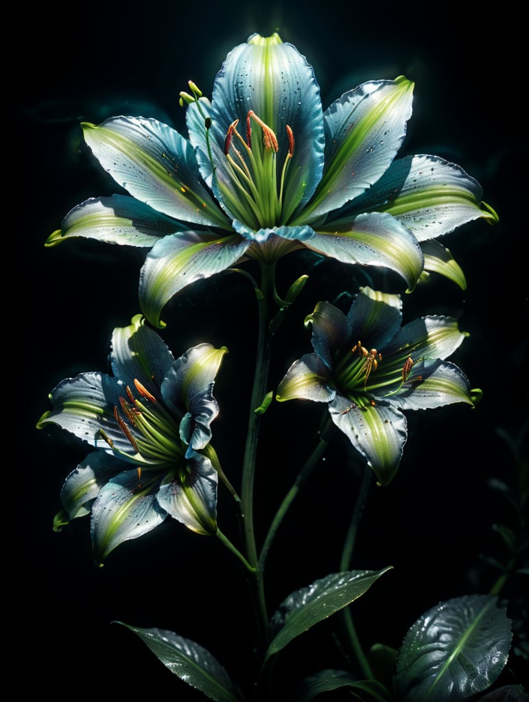 bioluminescent flower Lily, hyper detailed rendering, 4k, magic light, neon watercolours