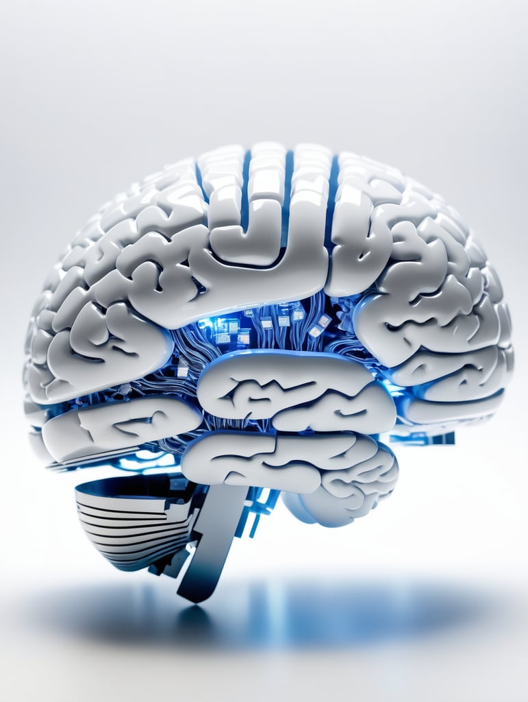 A brain made of polycarbonate with micro-chips and glowing led inside.