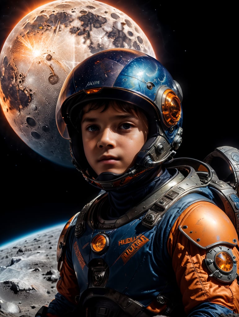 pre teen boy in blue and orange space suit and helmet sitting on a small moon in outer space.