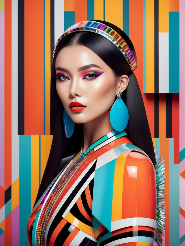 A beautiful female multicoloured pop sleek futuristic with huge headpiece center piece, clean makeup, with depth of field, captured in vivid colors, minimalist posterstyle