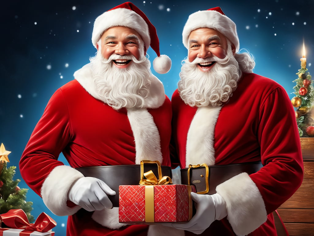 Portrait of Santa Claus smiling, one tooth missing, holdind a Red Chritmas Gift Box, whimsical facial expression, flowing white beard, jolly caricature, saturated colors, red outfit, sharp focus, portrait photography, depth of field, dramatic candlelit lighting, incredibly high detailed, blue background, blurred background,