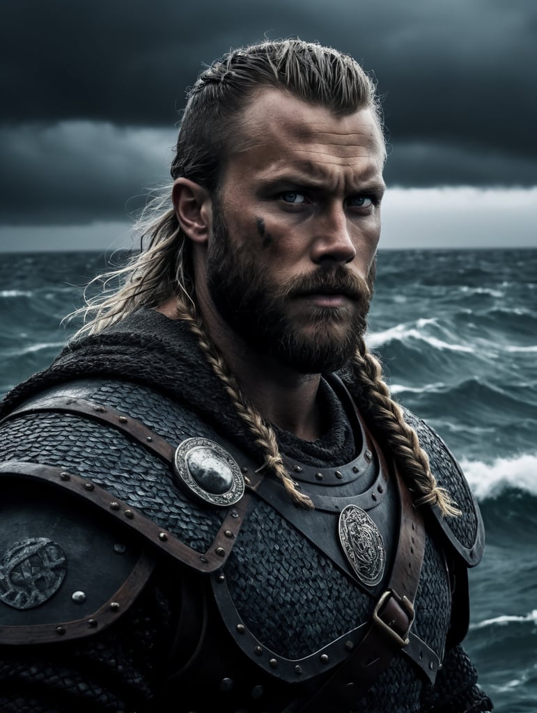 A portrait of viking warrior at the boat in the ocean, stormy weather