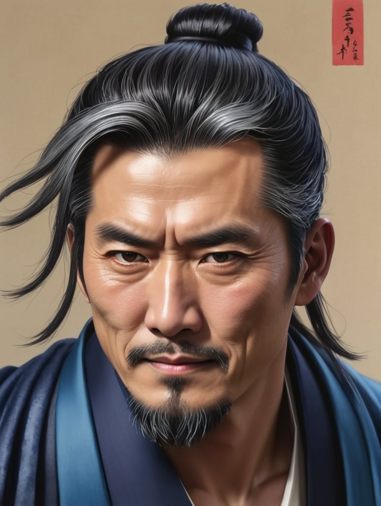 clean shaven,shaved middle aged Japanese man, traditional man bun haircut, black-grayisch hair, wearing a blue kimono and red cloth cloak, water color artwork portrait style dnd artwork