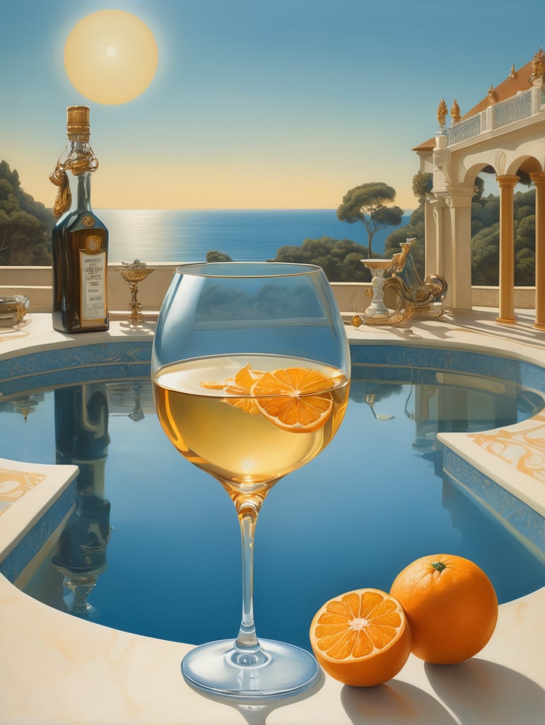 Create an oil painting in a surrealistic style inspired by Michael Parkes, featuring a whisky glass and a whisky bottle standing next to it, along with a sliced tangerine, sparkling in the sun. The setting is a deserted large swimming pool with sparkling water, located at the seaside on a terrace of a villa in Monaco. Include only the bottle, glass, and tangerine, with a background in pale blue and gold colors, incorporating Salvador Dali style and Gustav Klimt ornaments. The painting should be very high resolution and very realistic