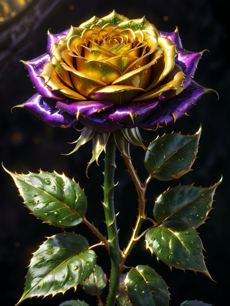 A large golden rose with violet petals and glistening green stem and big golden thorns