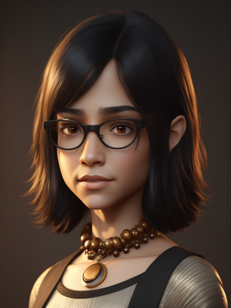 Girl, black hair, Brown eyes, glasses and necklace, Full body, standing centered, Pixar style, 3d style, disney style, 8k, Beautiful, Pixar style girl with black hair brown eyes glasses and necklace