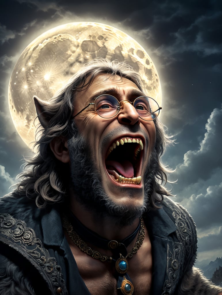 John Lennon from the Beatles with round eye glasses disguised as Werewolf facing up howling at a full moon background.