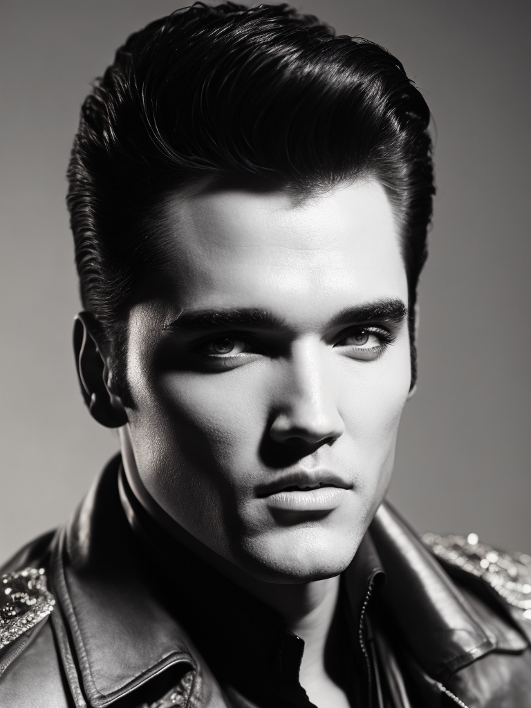Portrait of Elvis Presley wearing a black leather jacket, studio photo, professional photo, Bright and rich colors, Detailed image, detailed face