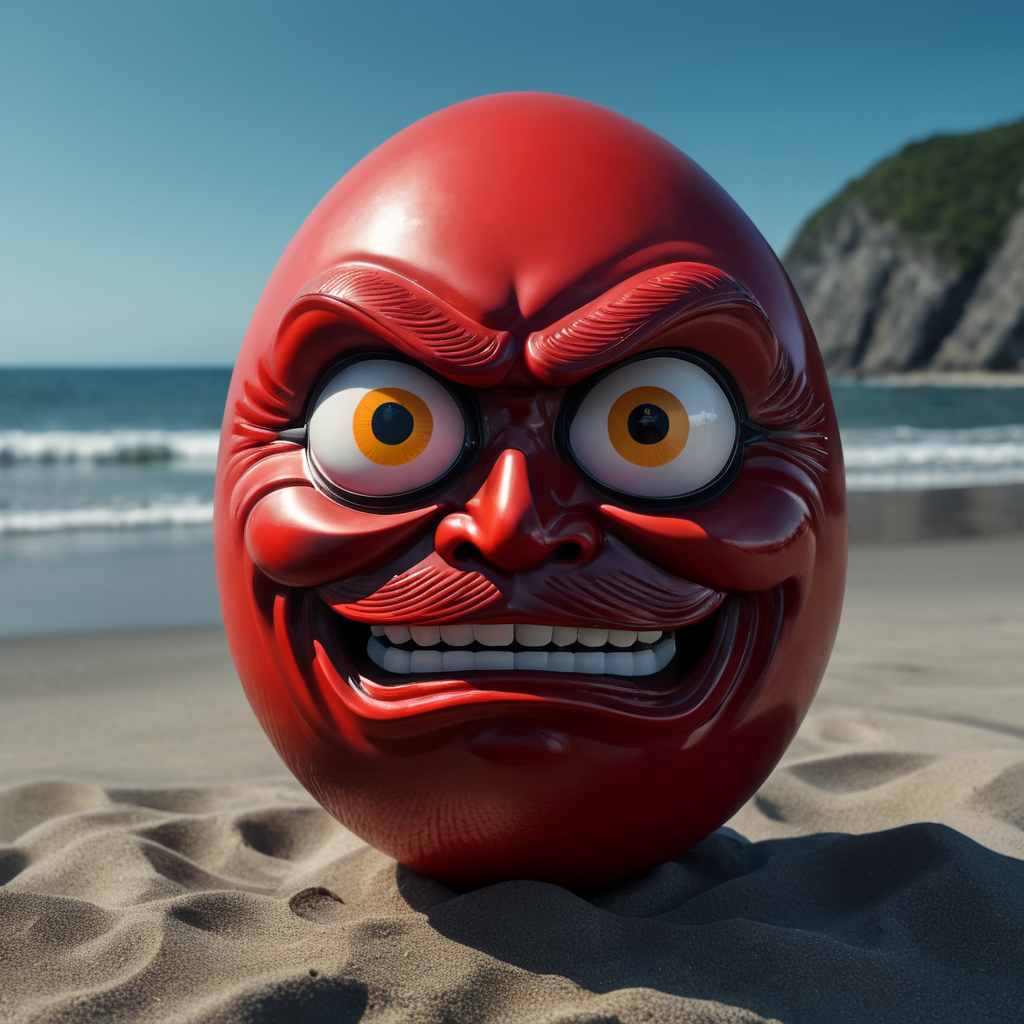 Japanese happy red daruma figure as an egg. Situated on a beach close to the sea. only one eye is painted