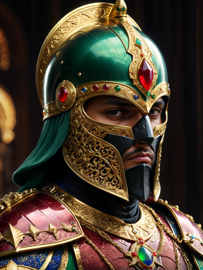 Arabian knight warriors, gold encrusted, armor, gold, ruby, sapphire, emerald, opal, Persian helmet