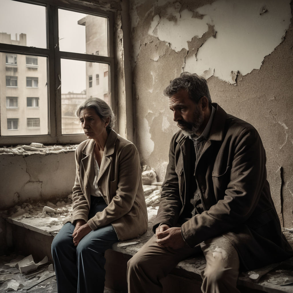 a couple in distress sitting in their inner-city council flat in disrepair with mould and dampness rising up the walls