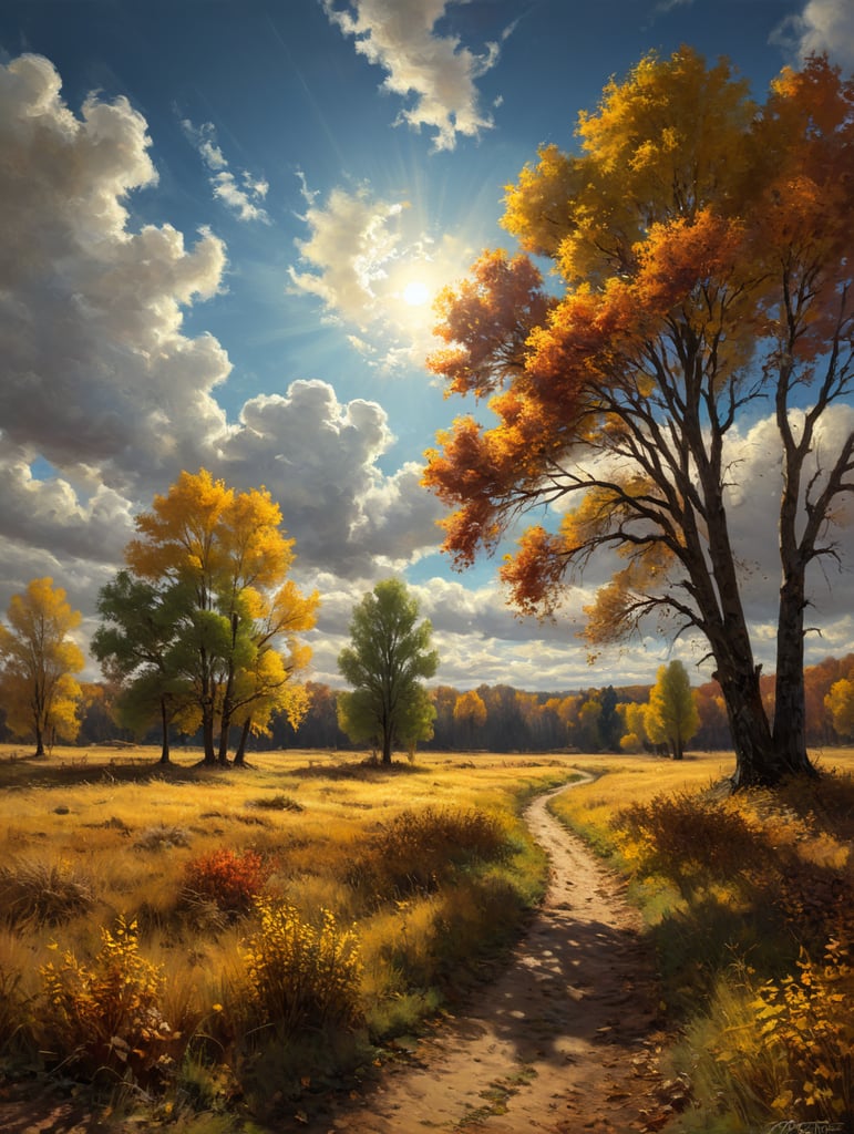 Стиль импрессионизм, радость, осень тепло солнце, степь трава, небо облака, деревья желтеющие листья, листопад
