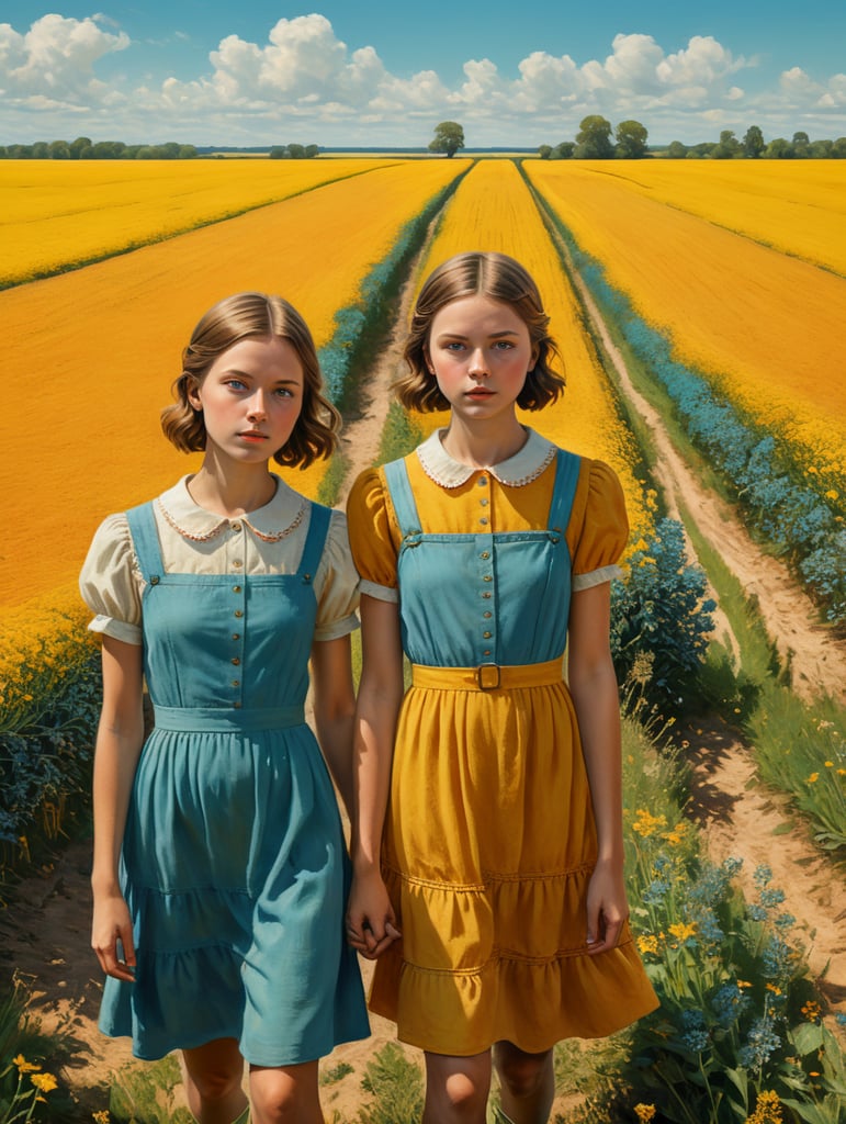 Vintage portrait of two girls wearing a simple dress in a yellow field, clear blue sky, complementary colors, Wes Anderson style, Incredibly high detail, Muted colors, turquoise color, orange color, red color