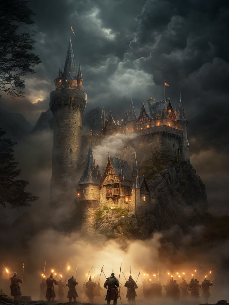 Castle in Scotland with fog around the turrets, and brimming with archers. In a style like HR Geiger. Dragon should be circling the castle in the air.