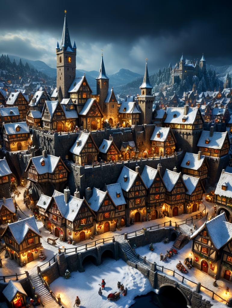 tilt shift photography of a Christmas medieval fantasy miniature city, depth of view, sunny, at night, snowy weather
