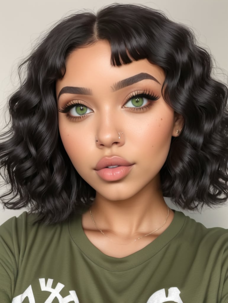 Petite, lightskin, thick, curvy, Ahegao, peace sign, highest quality, 8k quality, pouty lips, short curly hair, black hair, green eyes,