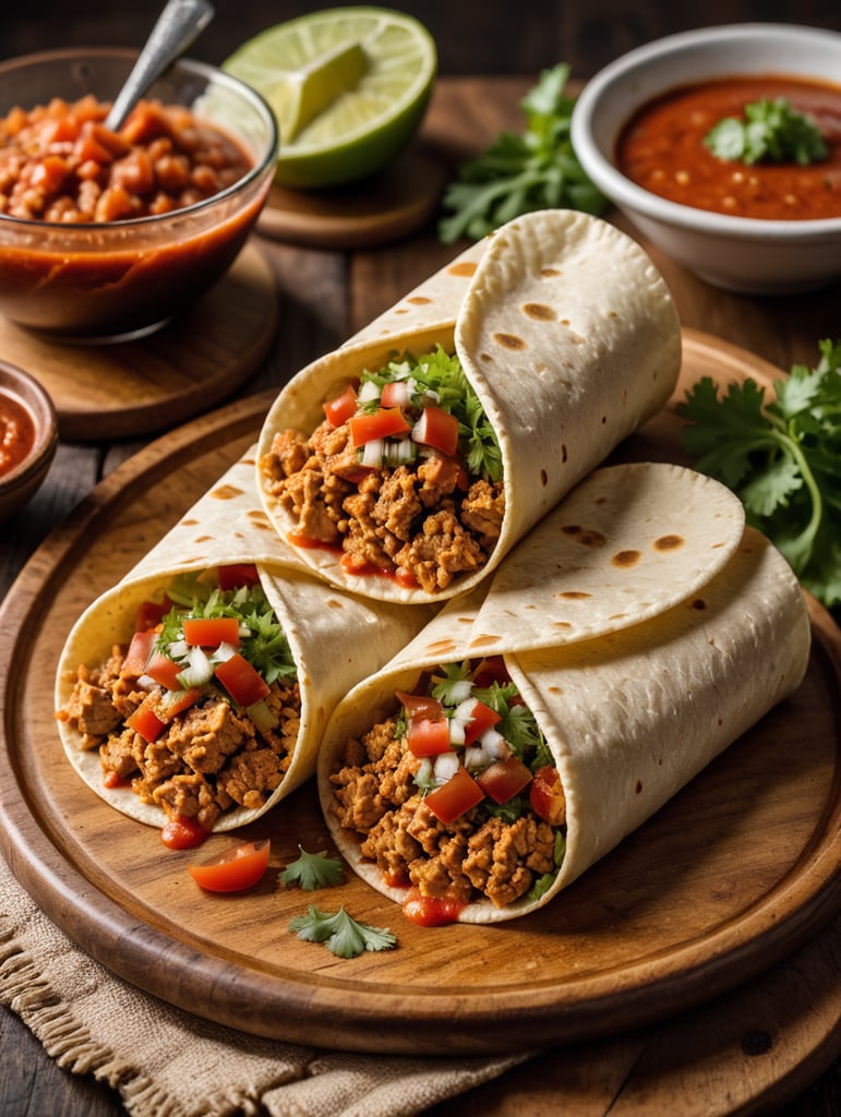 two tacos of (((Ground chicken with sauce))), the recipe is made in a country house, with a view of the mountains of puerto rico, the wraps include ground chicken, diced tomatoes, lettuce cut into strips, on a wooden plate, the table that is made of dark wood, the table is served, in the background you can see people, small jars with red sauces, sharing, taken with a close up lens, 50mm, nikon 35mm (((Ground chicken with sauce)))
