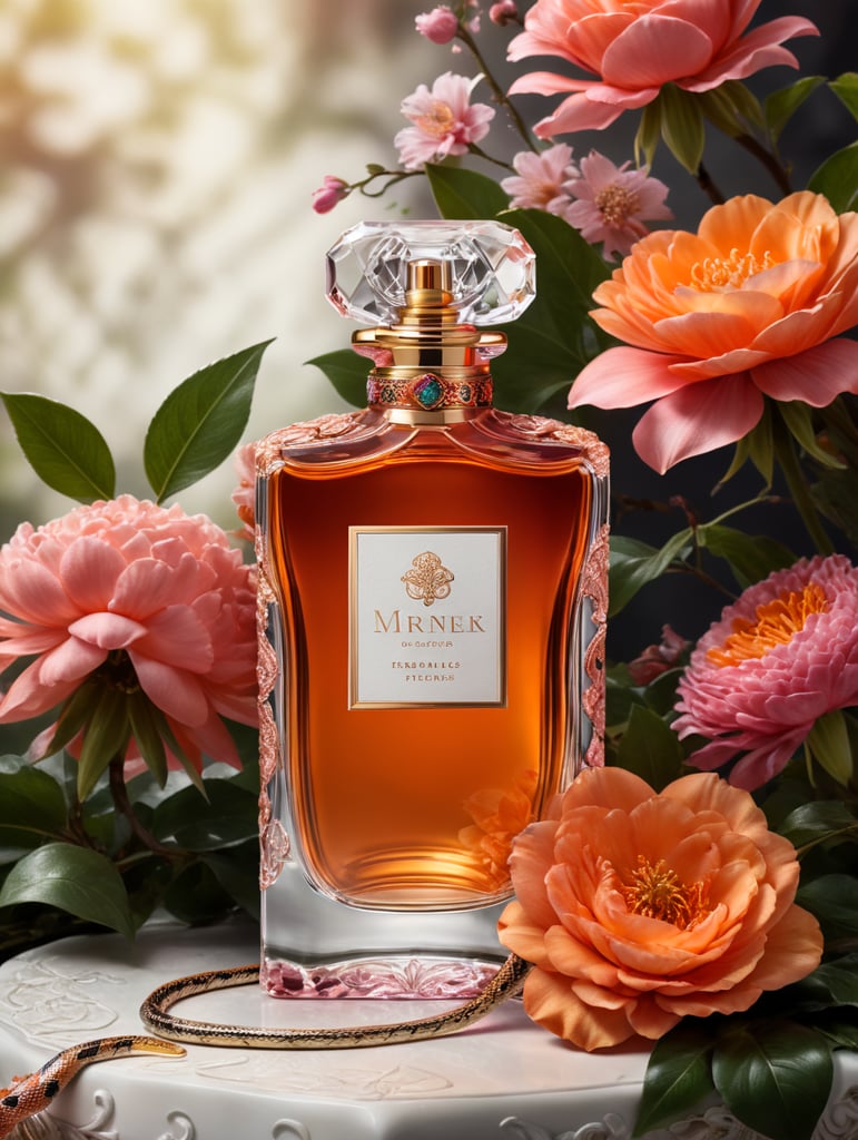 Luxury perfume bottle with blanc label, snake wrapped around the bottle, floral background, pink and orange flowers