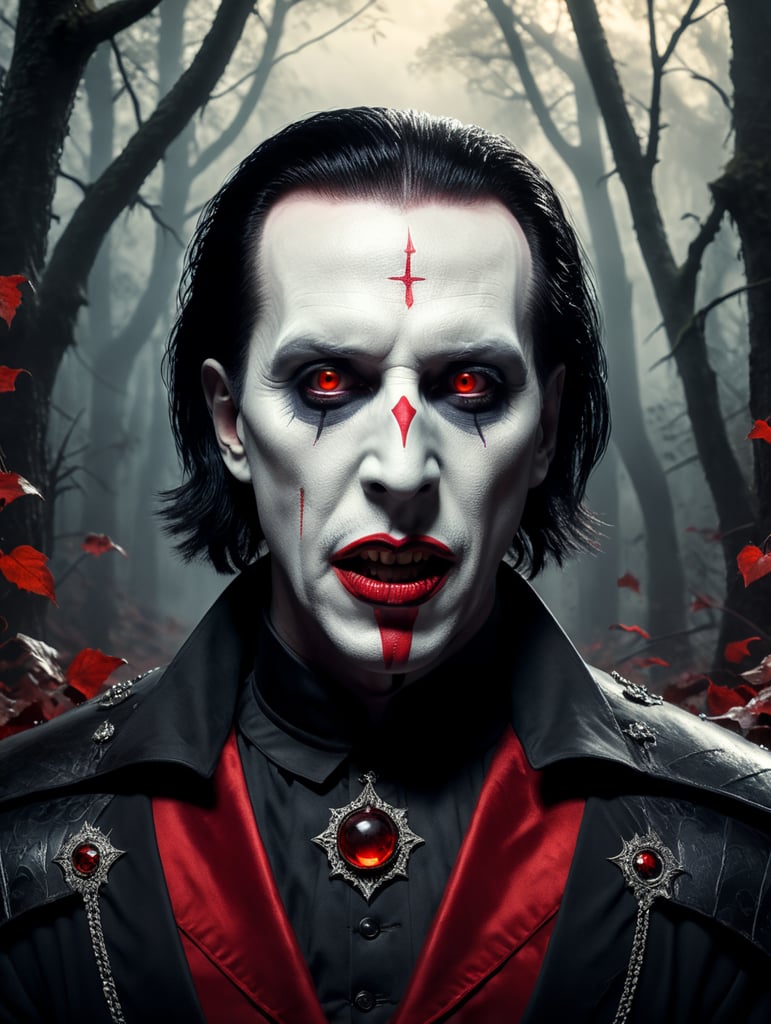 Marilyn Manson in a Dracula Halloween costume, scary face makeup, dark atmosphere, vintage style, red and black colors, high detail photo, professional photo shot, against the backdrop of an old creepy dark forest, contrasting light, bright colors, dark atmosphere