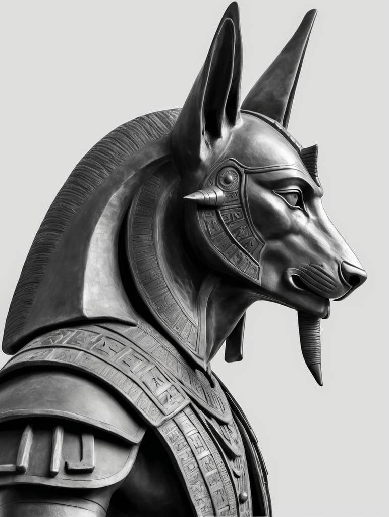 Anubis statue. Side view. Long nose. Upper body and head. Torso. Head. Egyptian warrior. mysterious. Majestic. Solemn. White background. Strong eyes. Grey skin. Black and grey and white image