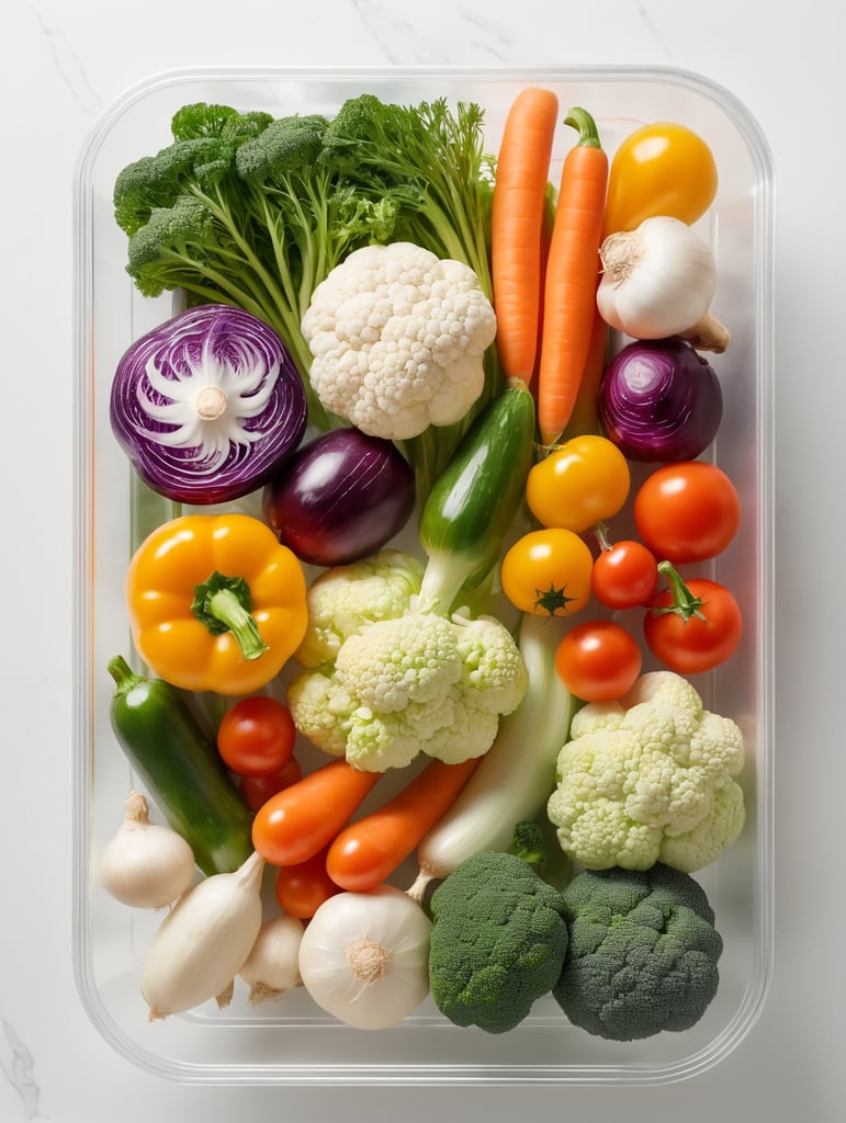 vegetables in a transparent plastic tray, top view, isolated, mockup