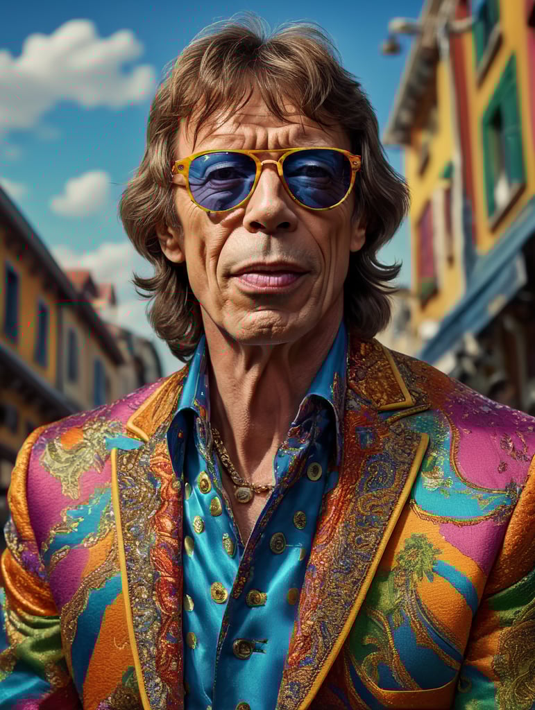 Mick Jagger wearing a brightly patterned jacket and wayfarer glasses, Vivid saturated colors, Contrast color