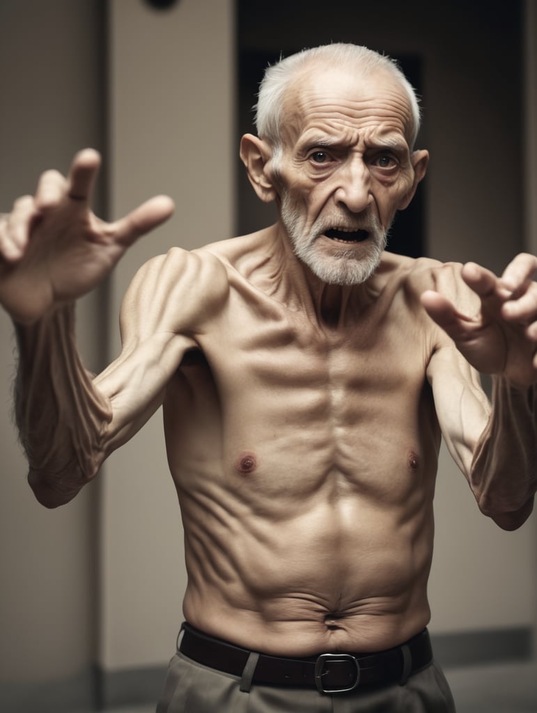 Scary skinny old man trying to grab the viewer tilted to the right