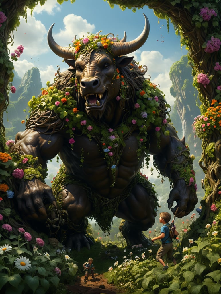 large peaceful minotaur covered in vines, flowers and brambles picking daisies while children climb and play on him. in the style of hyper-realistic oil, zbrush