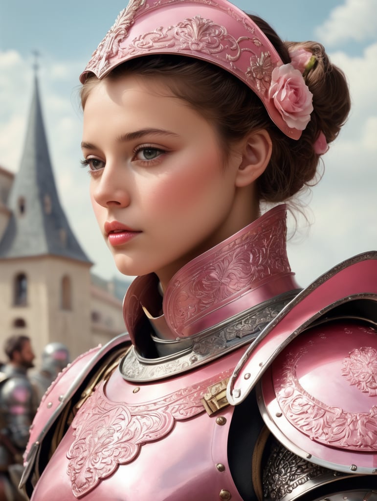 France in the image of a girl dressed in her armor, in the style of photorealistic portraits, pink, dreamy portraits, German art, combines Mexican and American cultures, cinematic elegance, the artist-appropriator.