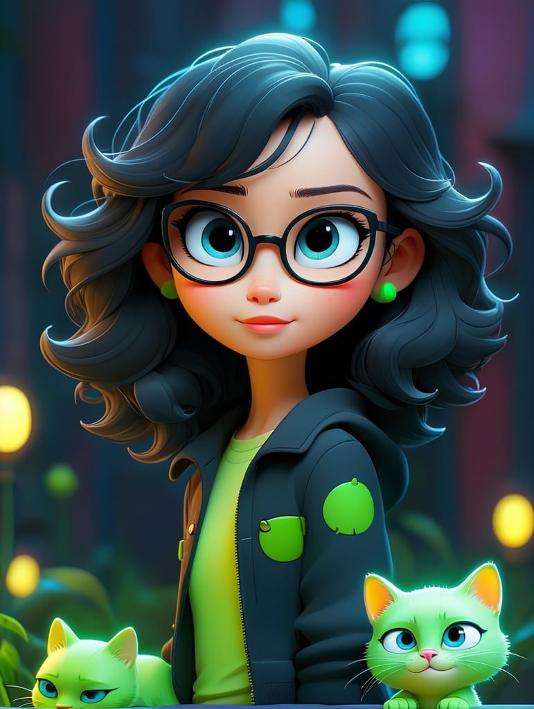 Premium AI Image, modern anime character of Chinese girl AI generated, neon, sunglasses, small cat, lizard