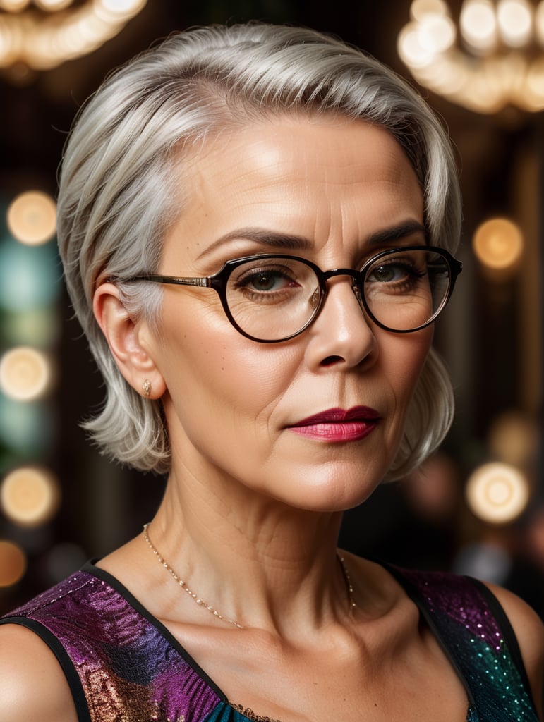 A portrait of a beautiful stylish older woman with white platinum short hair and big glasses, glamorous Hollywood portraits, highly realistic, daz3d, women designers, high resolution, very fashionable, colorful, dress as young woman