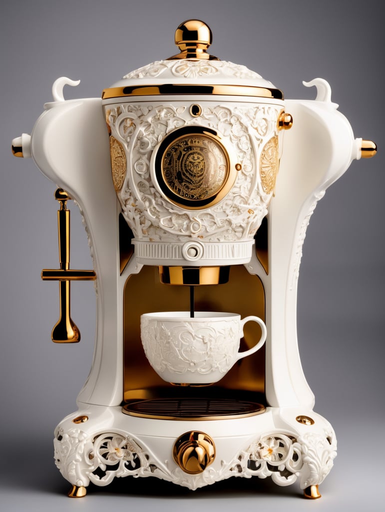coffee maker made in steampunk style, decorated with gold, carved white plastic, ivory color, deep engraving