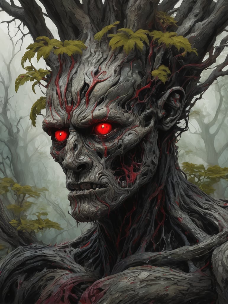 ultra detailed complex illustration of a corrupted humanoid plant, abstract, expressionism, oil paint, limited colors, eerie, creepy, nightmarish, bold colors, red eyes, black sclera, tree bark resembling human muscles and tendons, rotten, branches as hair, dark art by Mschiffer, ((full body))
