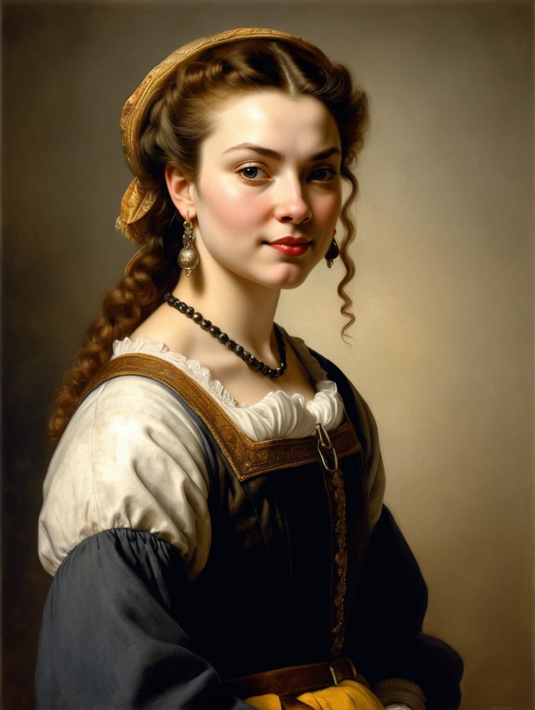 A masterpiece painting by Rembrandt Van Rijn of a beautiful jersey cow, wearing the typical clothes of the time, simple background, 2 3 view, waist up, highly detailed, high contrast