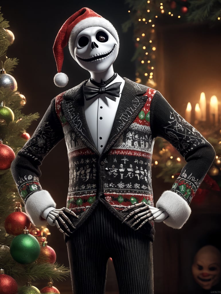 Jack Skellington standing wearing an ugly Christmas sweater