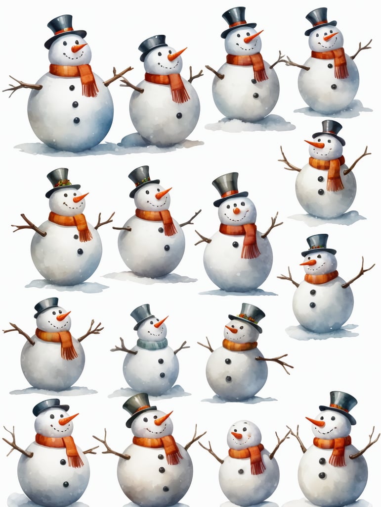 Snowman, different angles and expressions, full body only character sheets, multiple poses, white background, whimsical watercolor