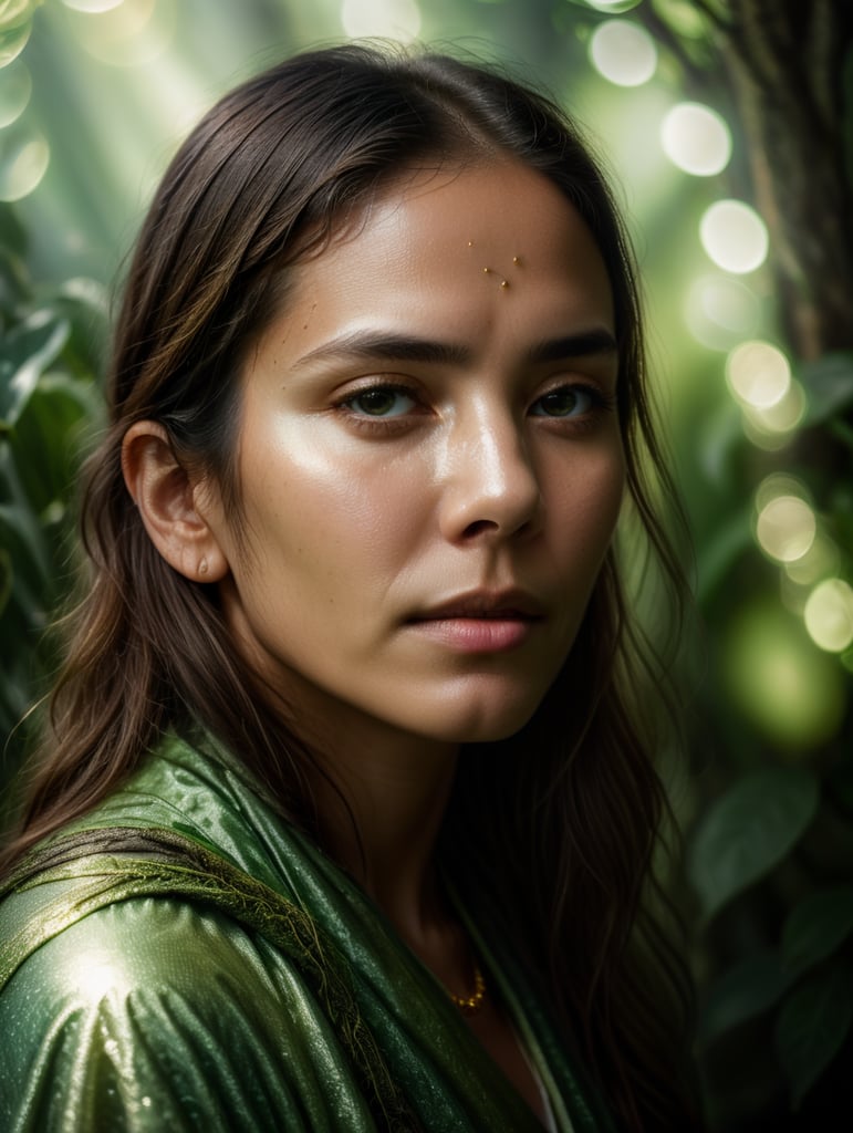 Portrait of a woman experiencing spiritual experience, wrapped green film