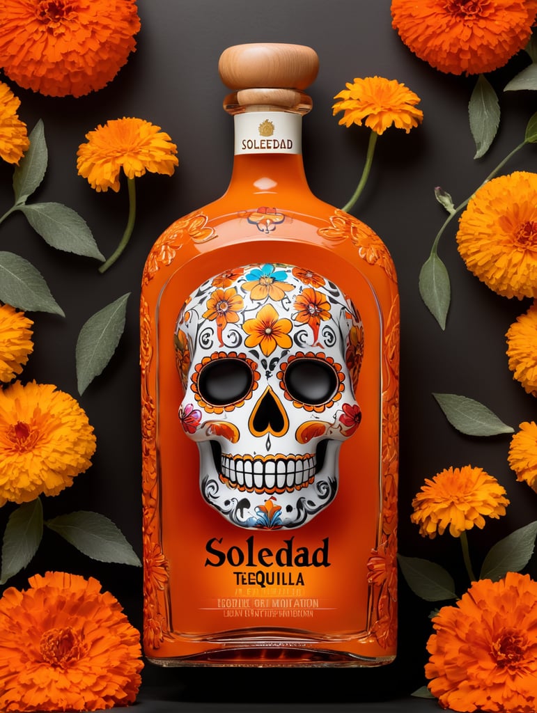 botella de tequila Soledad color naranja edición Día de muertos. Con colores y cempasúchil.
