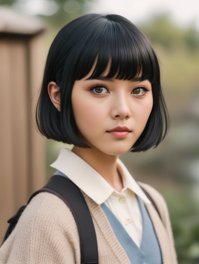 Japanese adolescent female, short black hair with bangs, dark brown eyes, Wes Anderson style