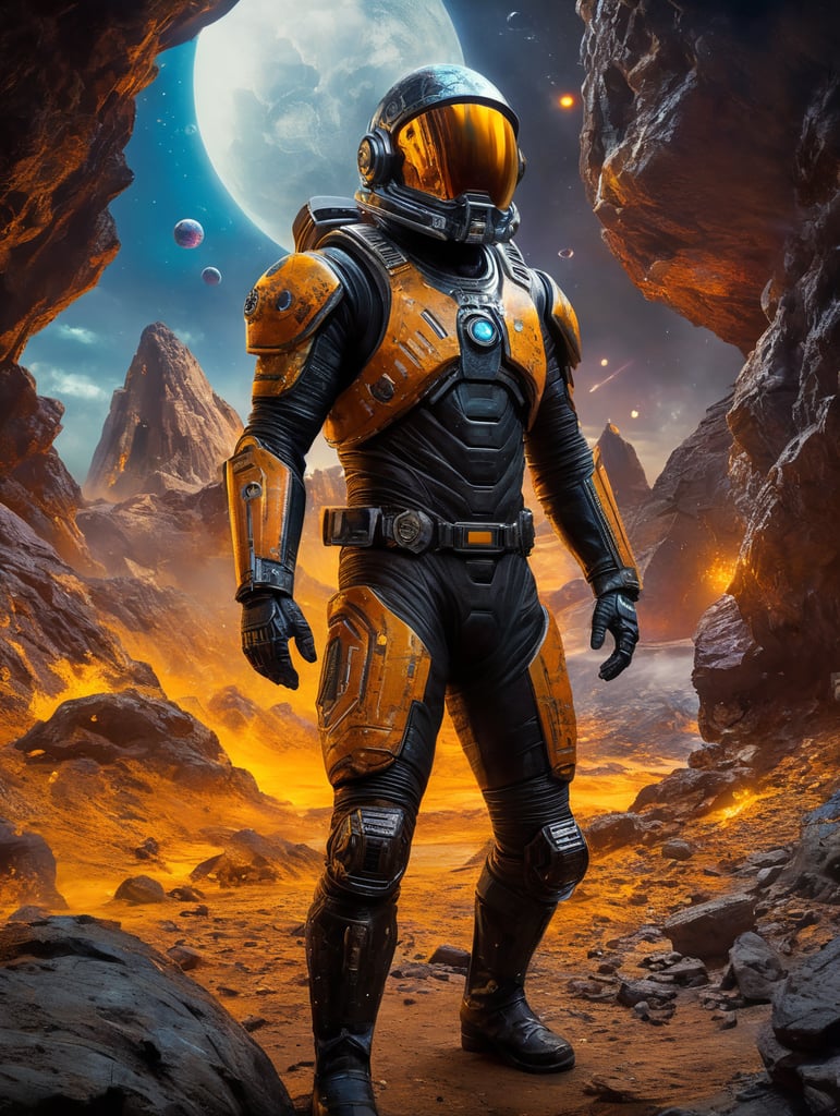 Space traveler in a black rock in middle of the universe. futuristic slim Astronaut suit with neon futuristic unique helmet , super hero style suit, warrior style suit, energy blast in the background, space war, more neon, energy explosion, fluor colours, yellow, orange, blue, black violet, vibrant, saturated, a lot graffiti on the suit. Scratch on the suit, Rocks like mars planet, volcano, movie poster style, war, noise, star wars, sMall war helmet, no accessories, no helmet, artist, paint, graffiti, art, revel, neon, extreme color, energy blast, energy light, mystic, powerfull