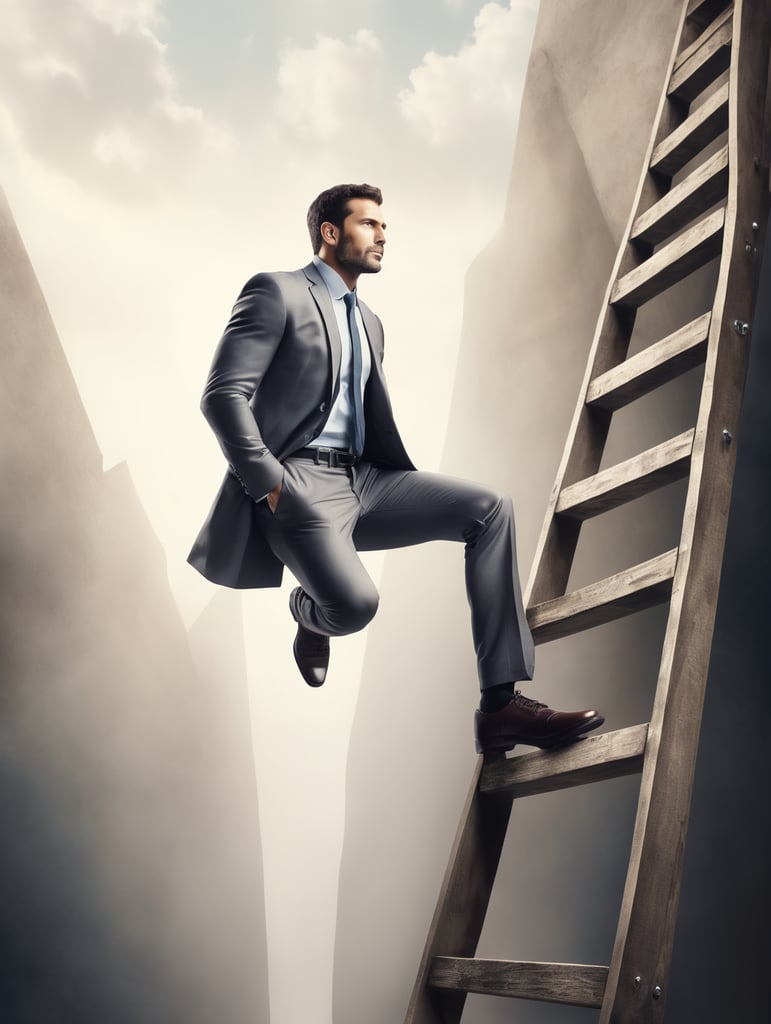 Generate an image of a man who is passionate about startups and entrepreneurship looking forward and is on a ladder to success.
