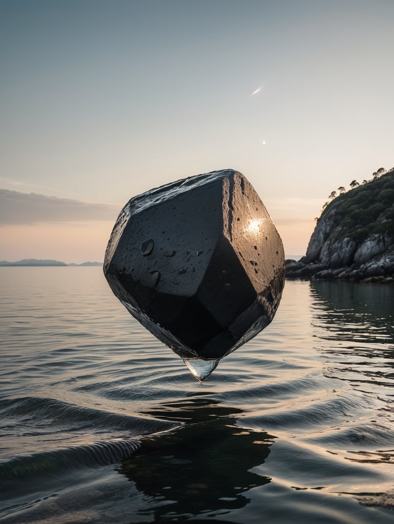 minimal, simple black reflective rocky object flying inches above the water, just the horizon and water on the background