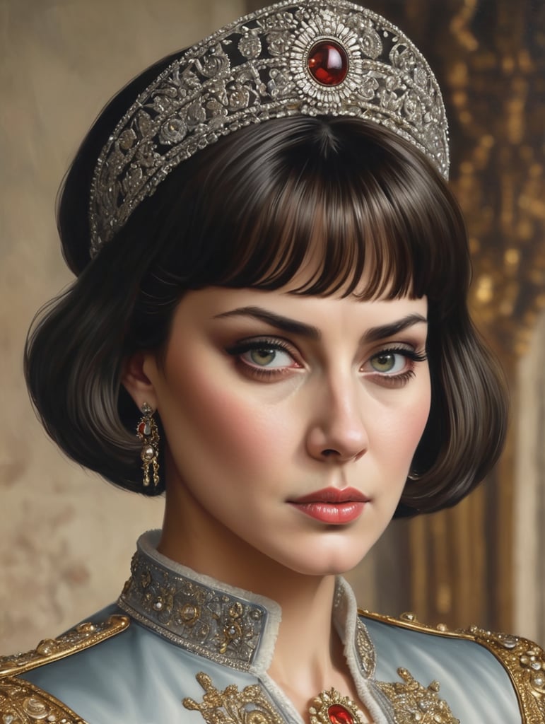 Giuseppe Scuderi, ultra-fine detailed painting of the Russian queen with beautiful skin texture.with eye patch straight bangs and short haircut with dark hair