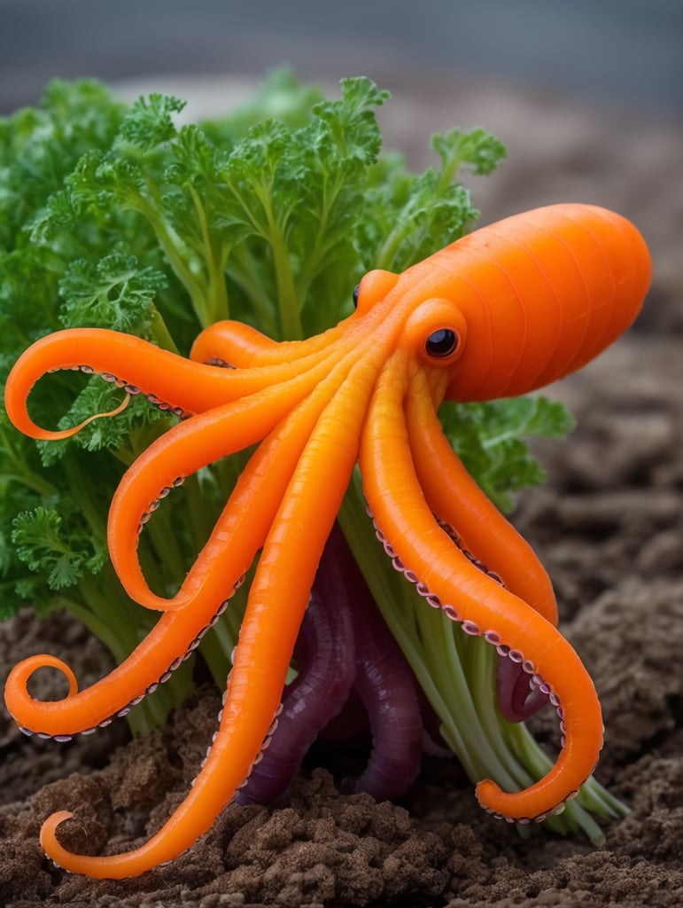 Incredible animal hybrid of a carrot plus a octopus. The tail of the carrot is a octopus.